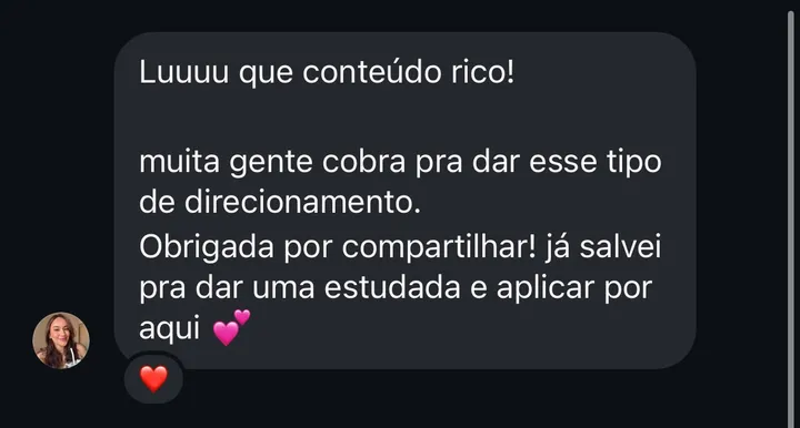 print de mensagem: aluna agradece pelo conteúdo rico e diz que muita gente cobra por esse tipo de direcionamento